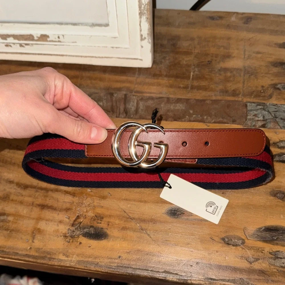 Gucci kids Tan and Navy Belt with Red Accents